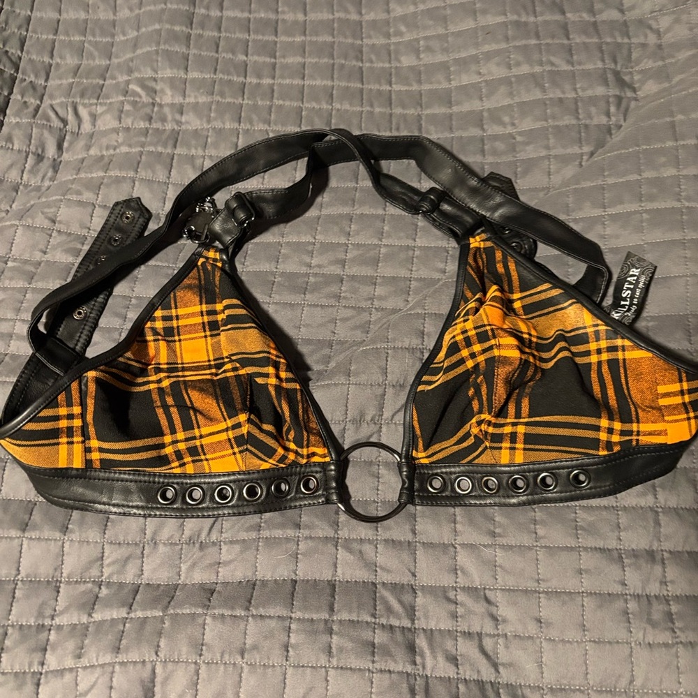 Killstar Orange and Black Plaid Harness Top